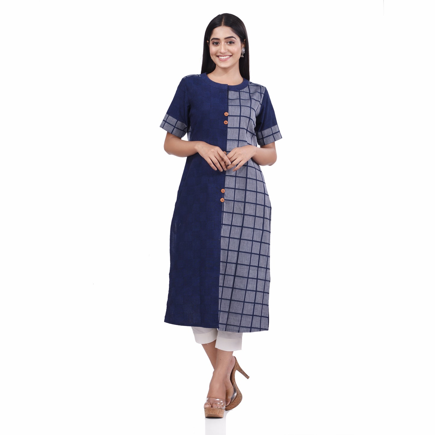 Nakshi Navy Blue Cotton checks Women's Button down Kurti