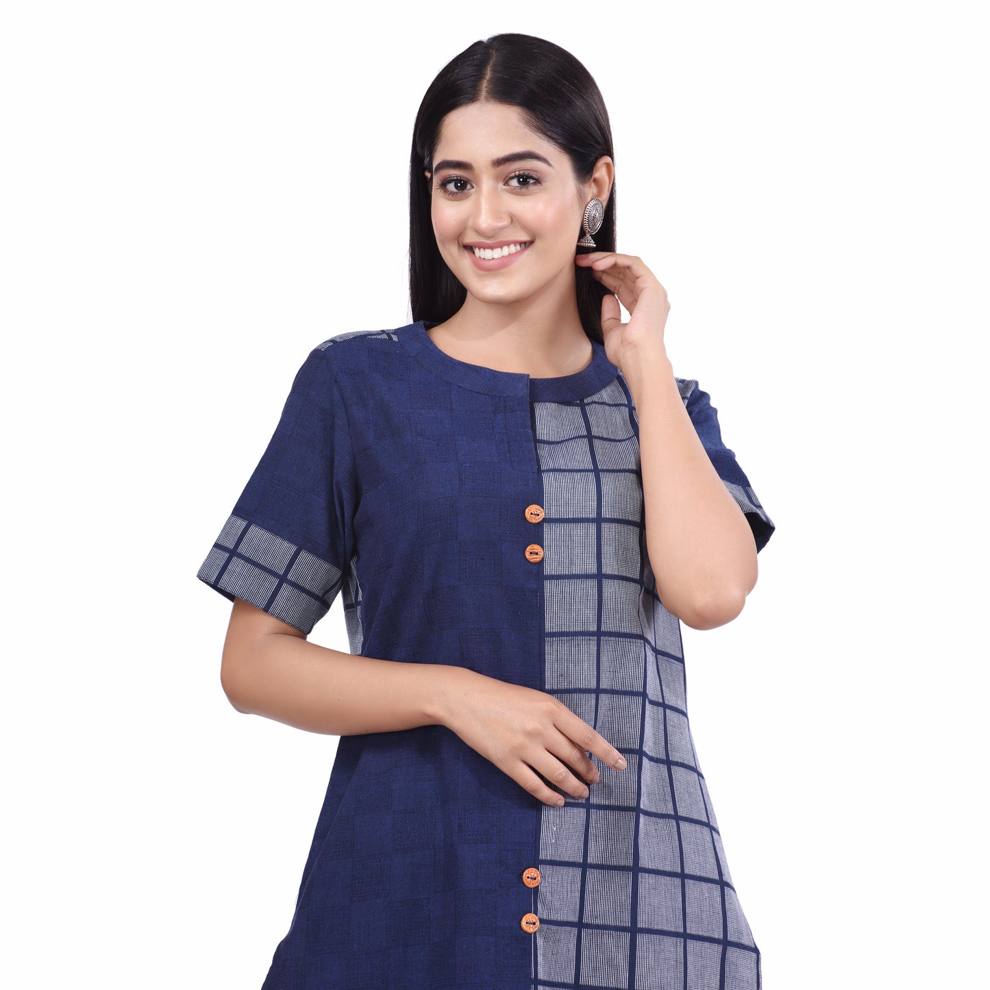 Nakshi Navy Blue Cotton checks Women's Button down Kurti