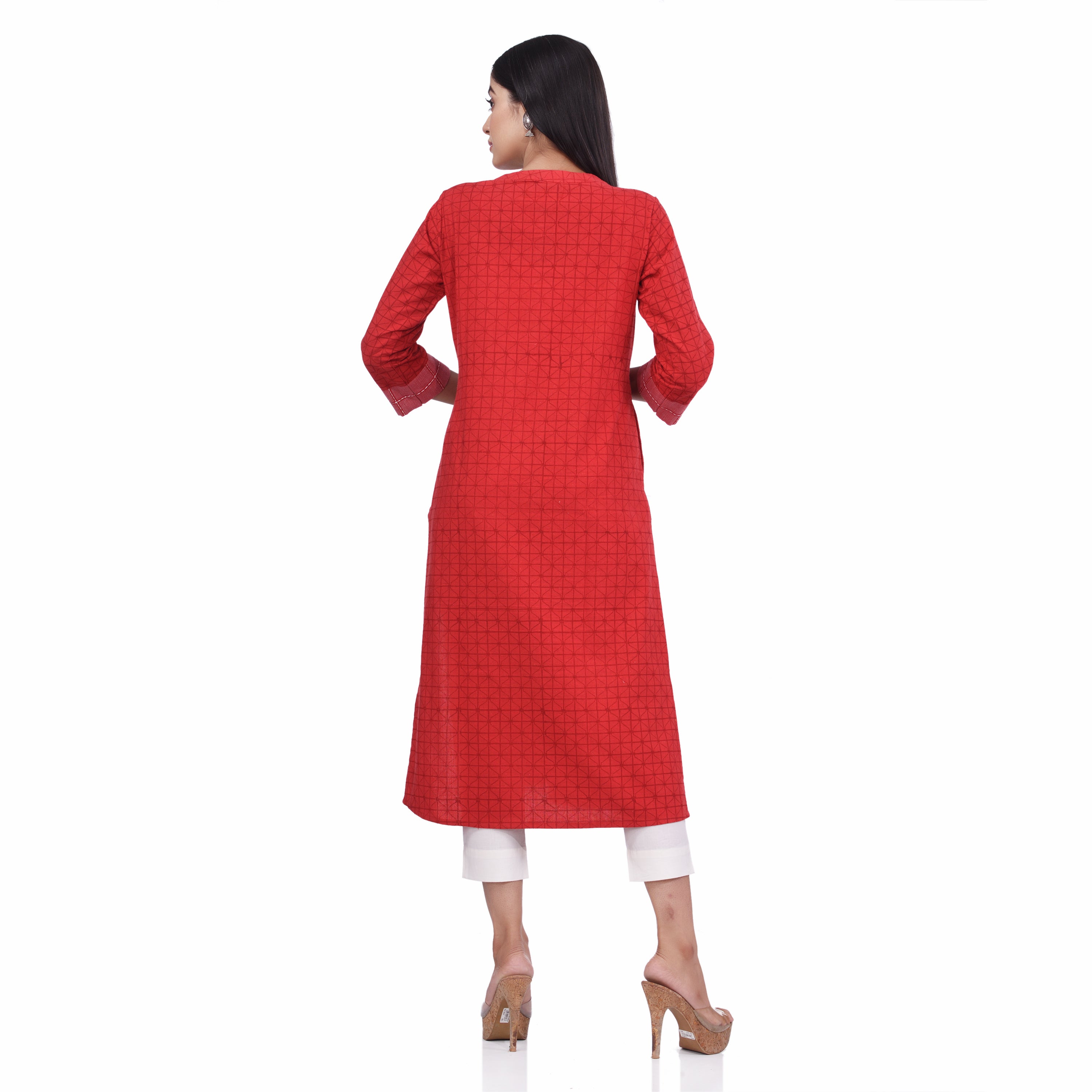 Red Cotton Yoke Pattern Thread Embroidery & Hand Block Print Women's A-line Kurti