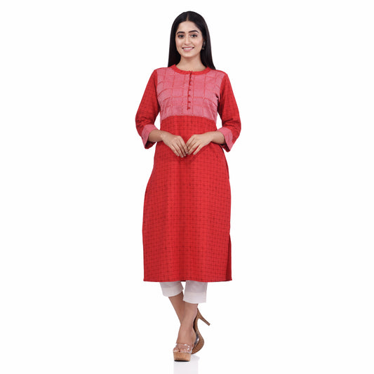 Nakshi Red Cotton Yoke Pattern Thread Embroidery & Hand Block Print Women's A-line Kurti