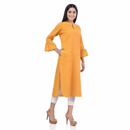 Nakshi Yellow Cotton Checks Women's Curverd Hemline Kurti