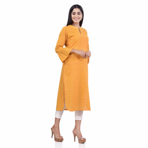 Yellow Cotton Checks  Women's Curverd Hemline Kurti