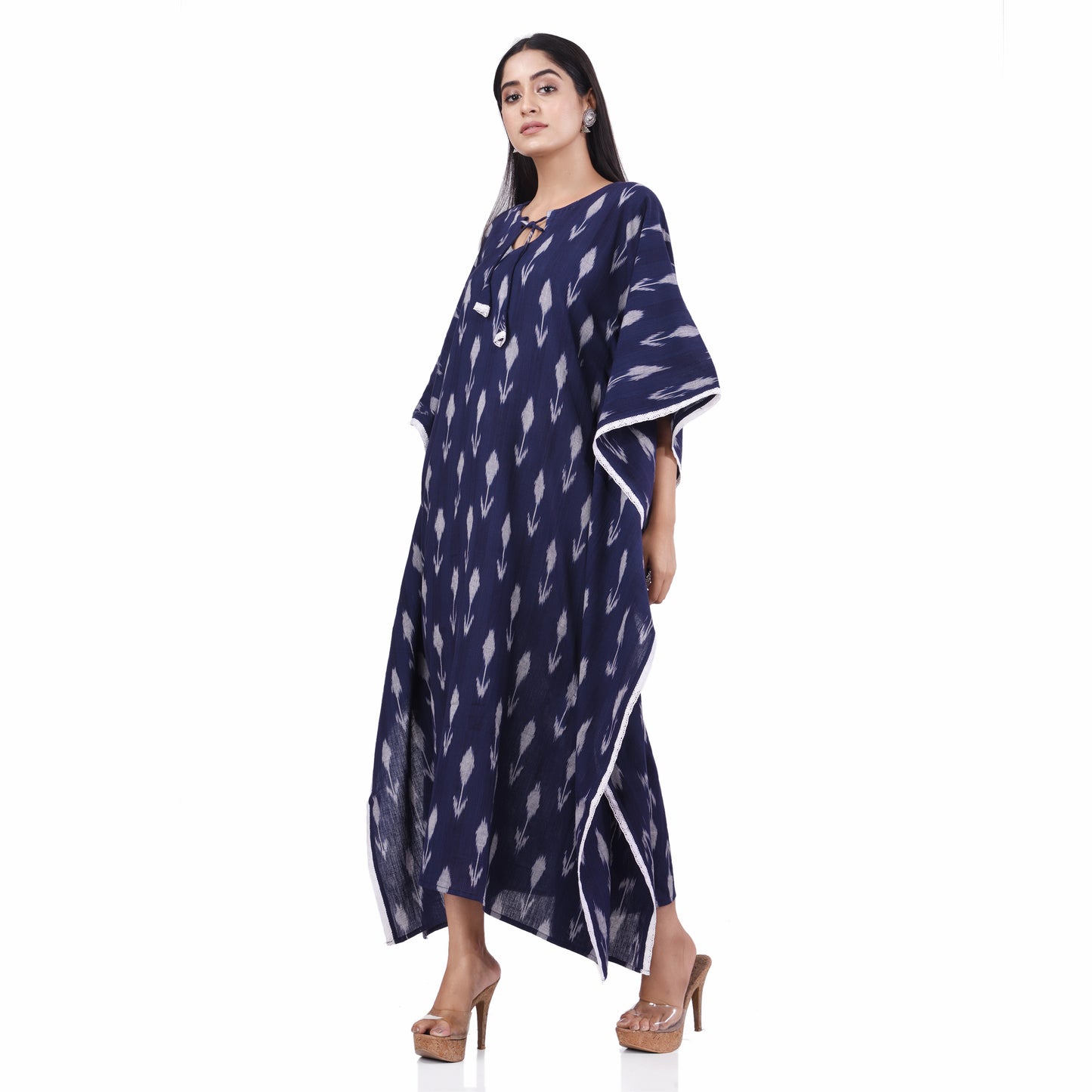Nakshi Navy Blue Cotton Ikkat Lace Highlight Women's Kaftan Kurti