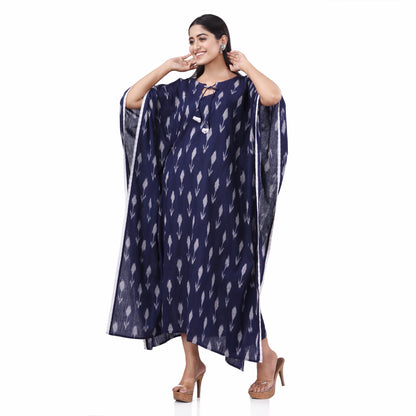 Navy Blue Cotton Ikkat Lace Highlight  Women's Kaftan