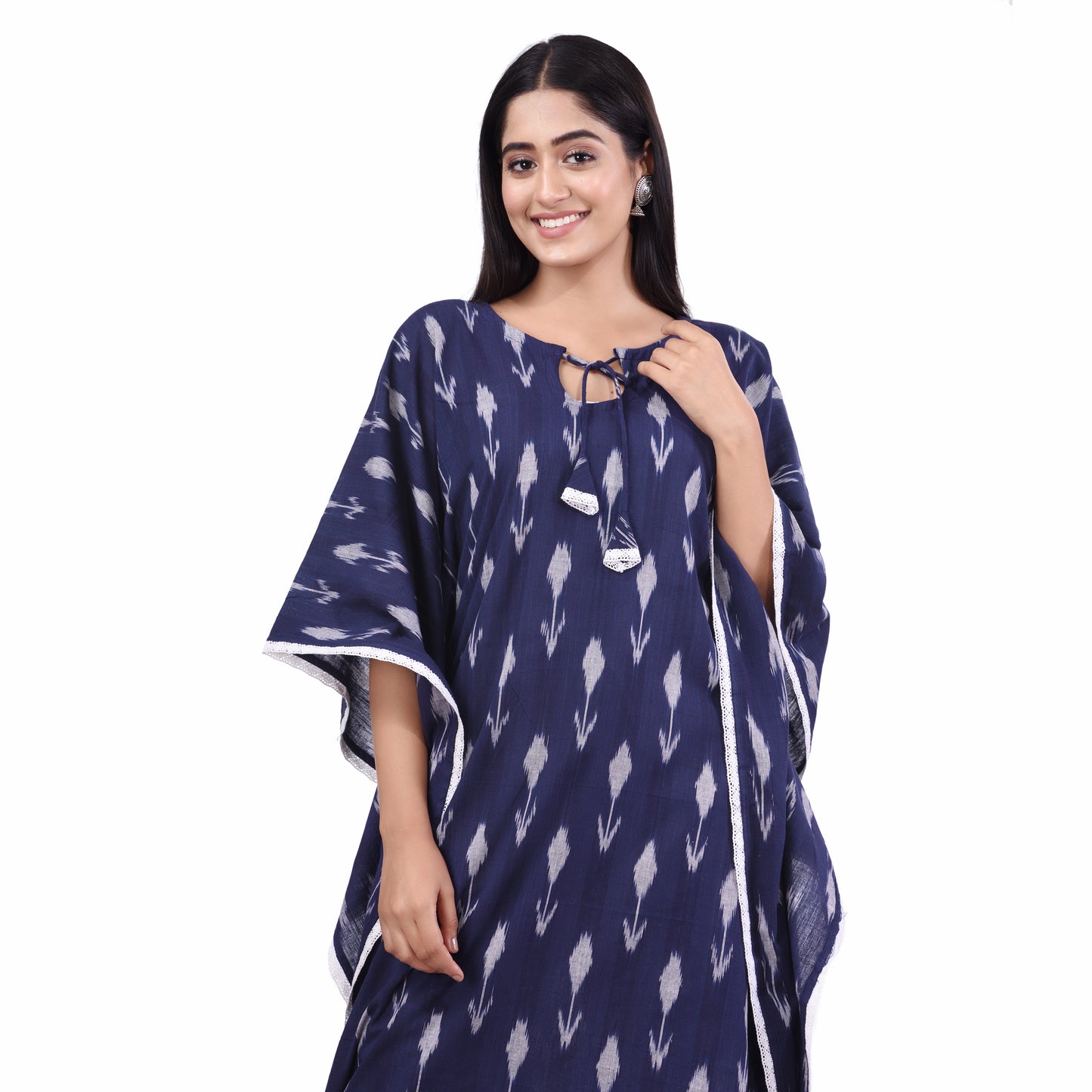 Nakshi Navy Blue Cotton Ikkat Lace Highlight Women's Kaftan Kurti