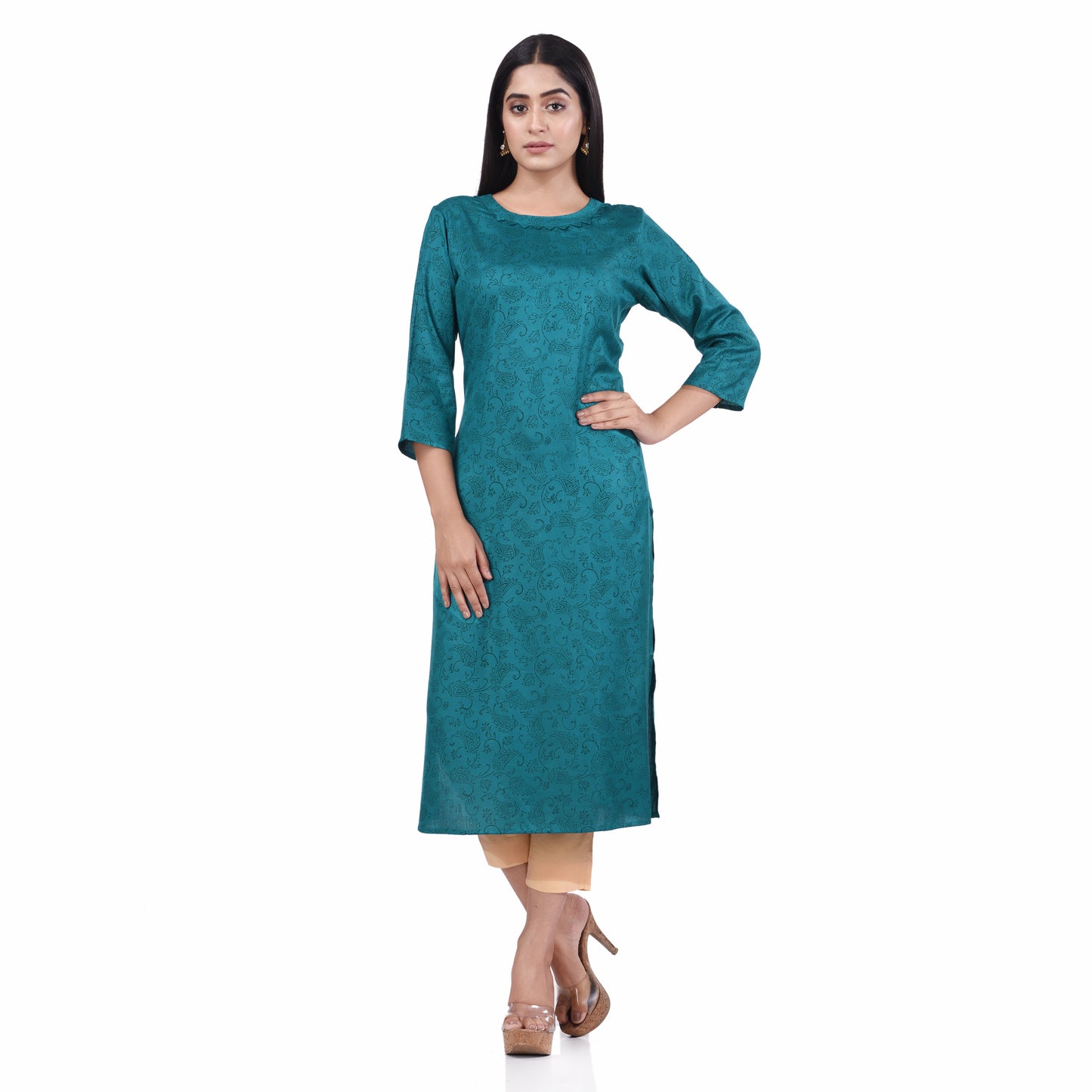 Nakshi Turquoise Blue Cotton Viscose Embroidery & Hand Block Print Women' Straight Kurti