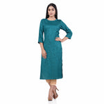Load image into Gallery viewer, Turquoise Blue Cotton Viscose Embroidery &amp; Hand Block Print Women&#39; Straight Kurti
