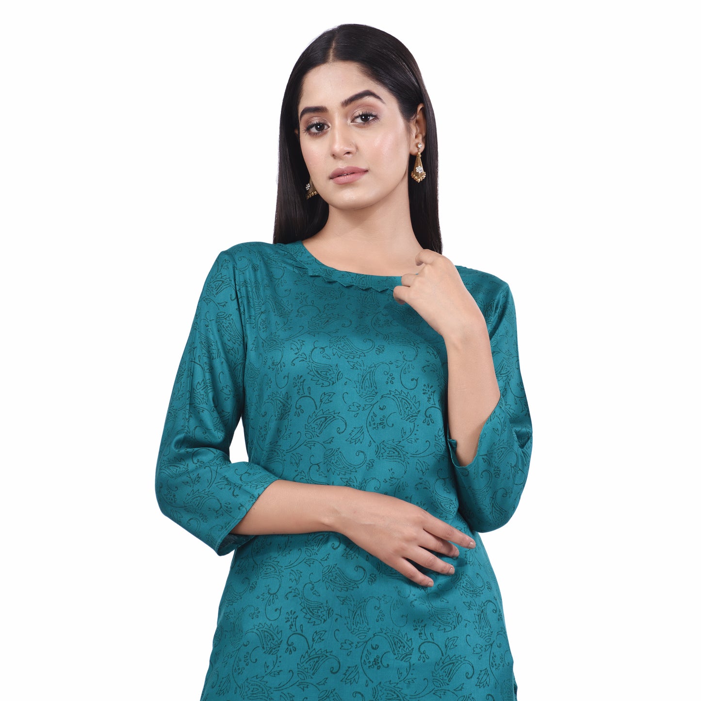 Nakshi Turquoise Blue Cotton Viscose Embroidery & Hand Block Print Women' Straight Kurti
