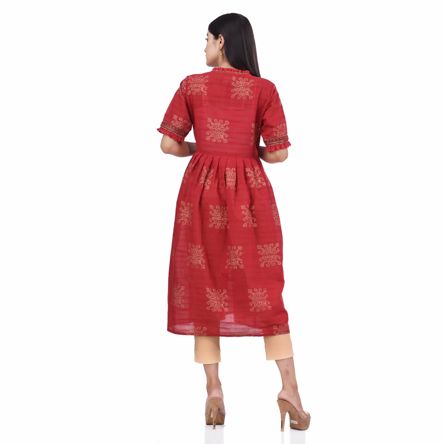 Nakshi Red Cotton Hand Block Print Women's Angarakha Style Kurti