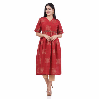 Nakshi Red Cotton Hand Block Print Women's Angarakha Style Kurti