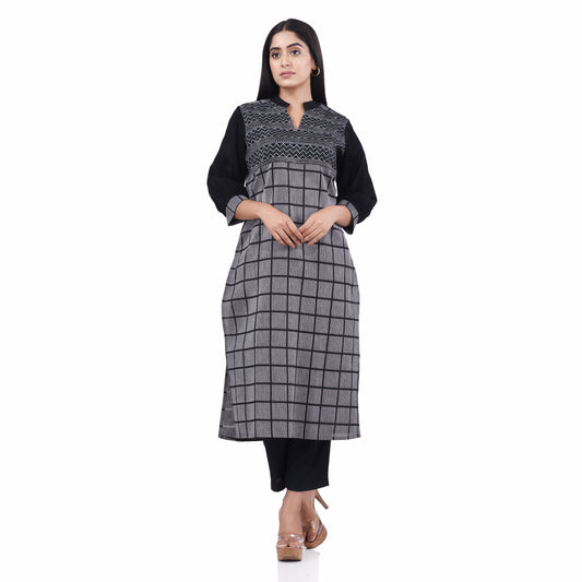 Nakshi Grey & Black Cotton Checks Bishop Sleeves & Hand Block Print Women's Straight Kurti