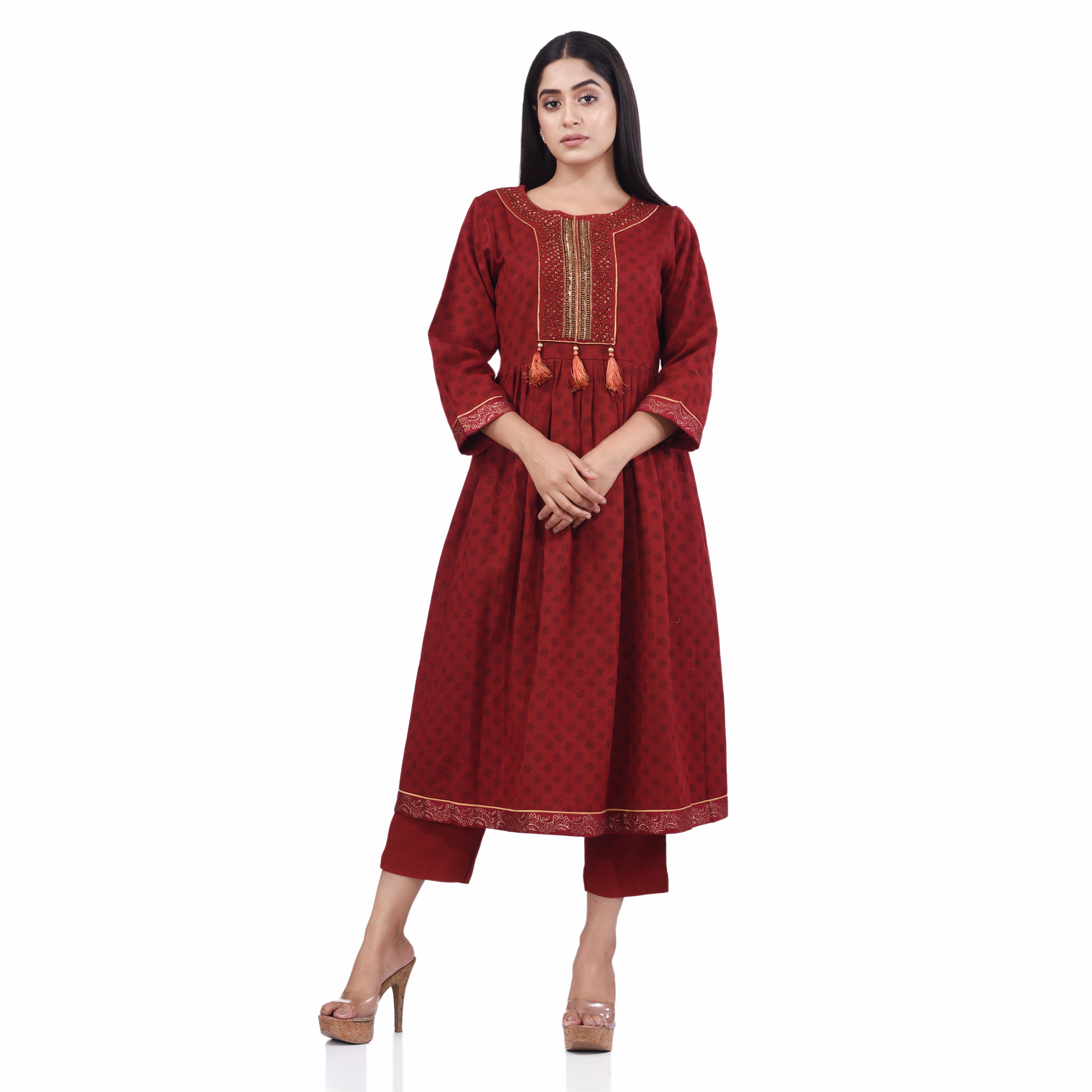 Maroon Cotton Sequins and Zari Hand Embroidery Women's Kurti Sets