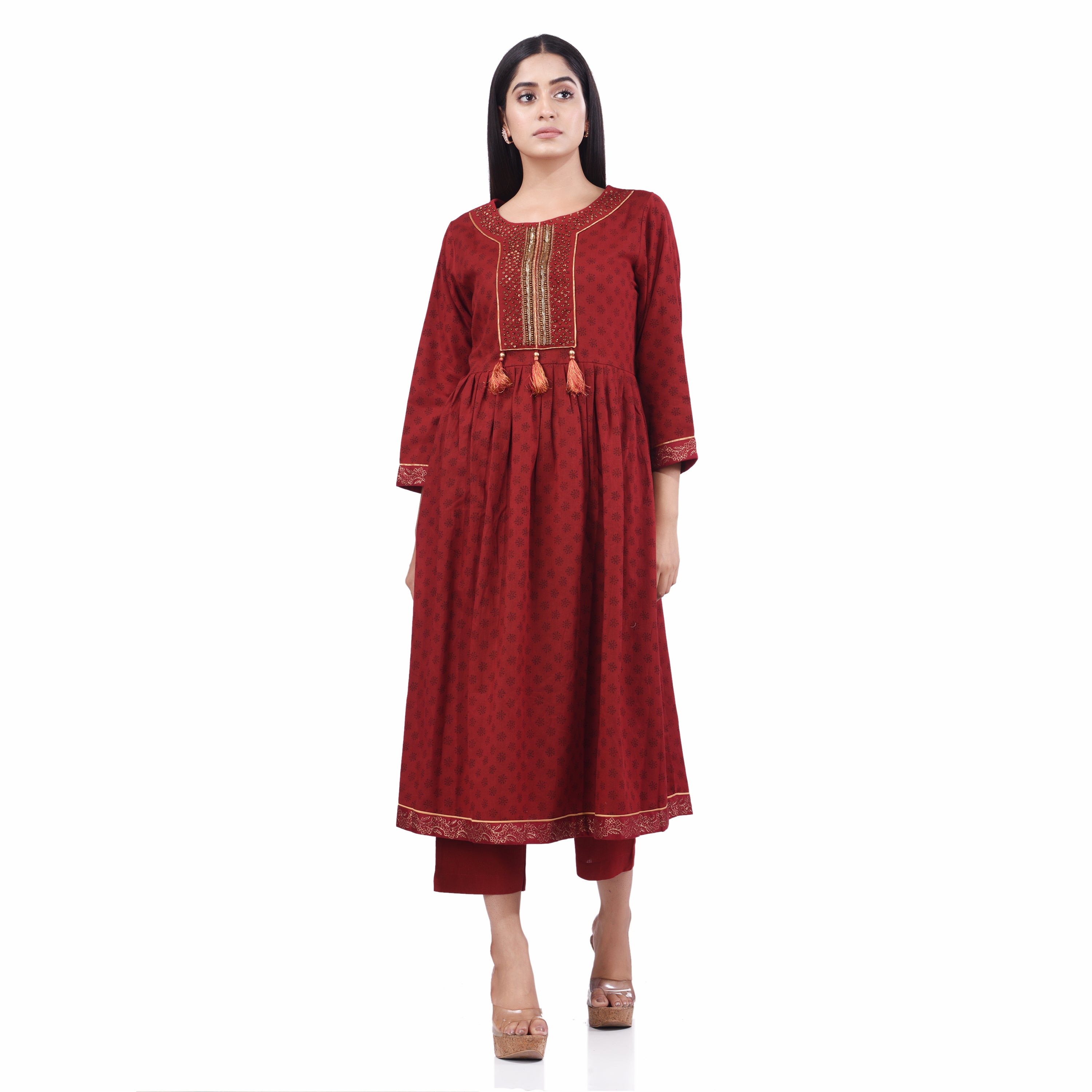 Maroon Cotton Sequins and Zari Hand Embroidery Women's Kurti Sets