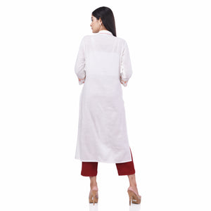 White Cotton Linen Floral Embroidery Side Button Women's Straight Kurti