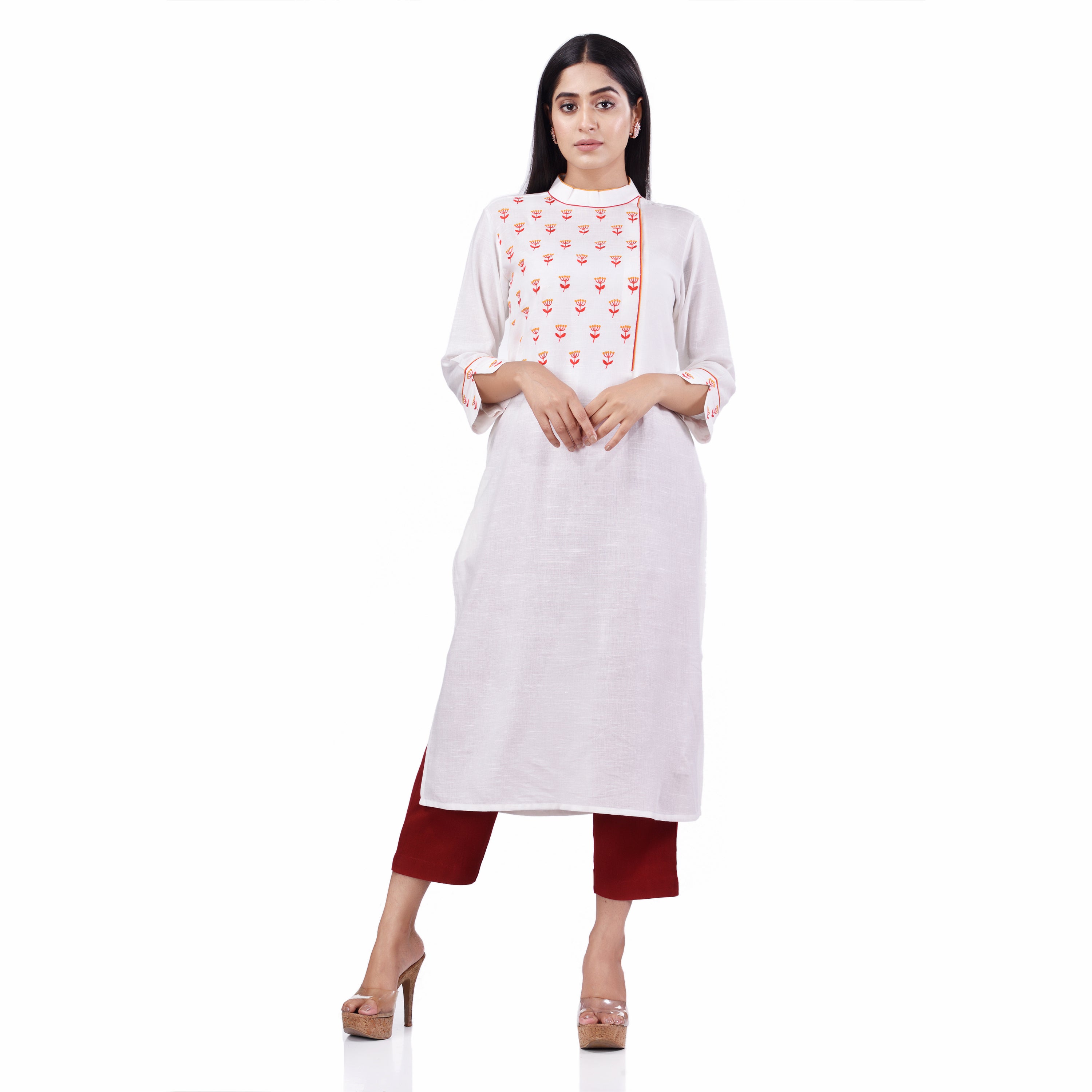 White Cotton Linen Floral Embroidery Side Button Women's Straight Kurti