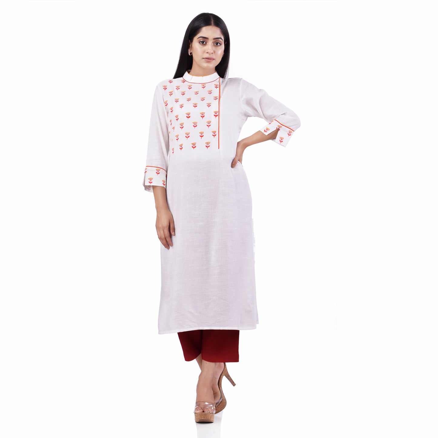 Nakshi White Cotton Linen Floral Embroidery Side Button Women's Straight Kurti