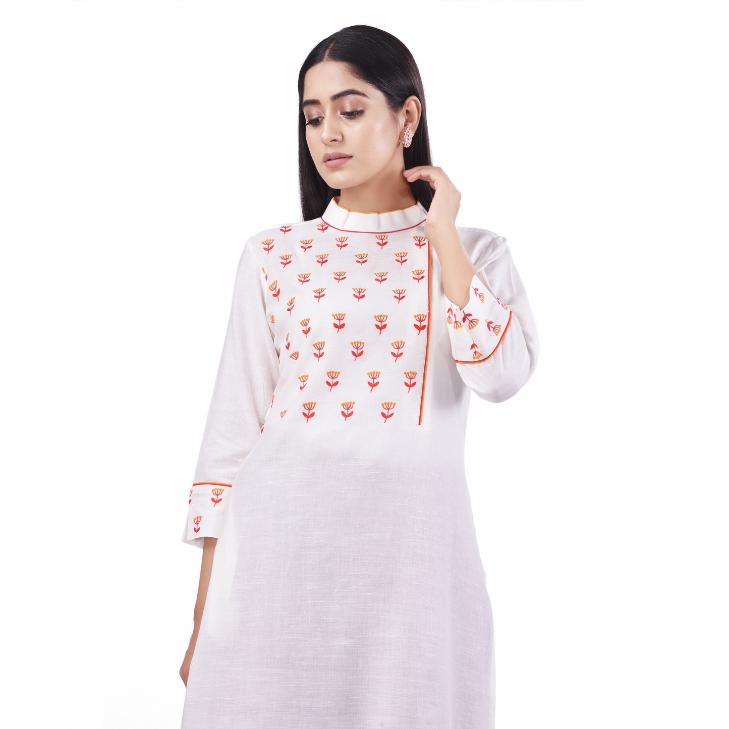 Nakshi White Cotton Linen Floral Embroidery Side Button Women's Straight Kurti