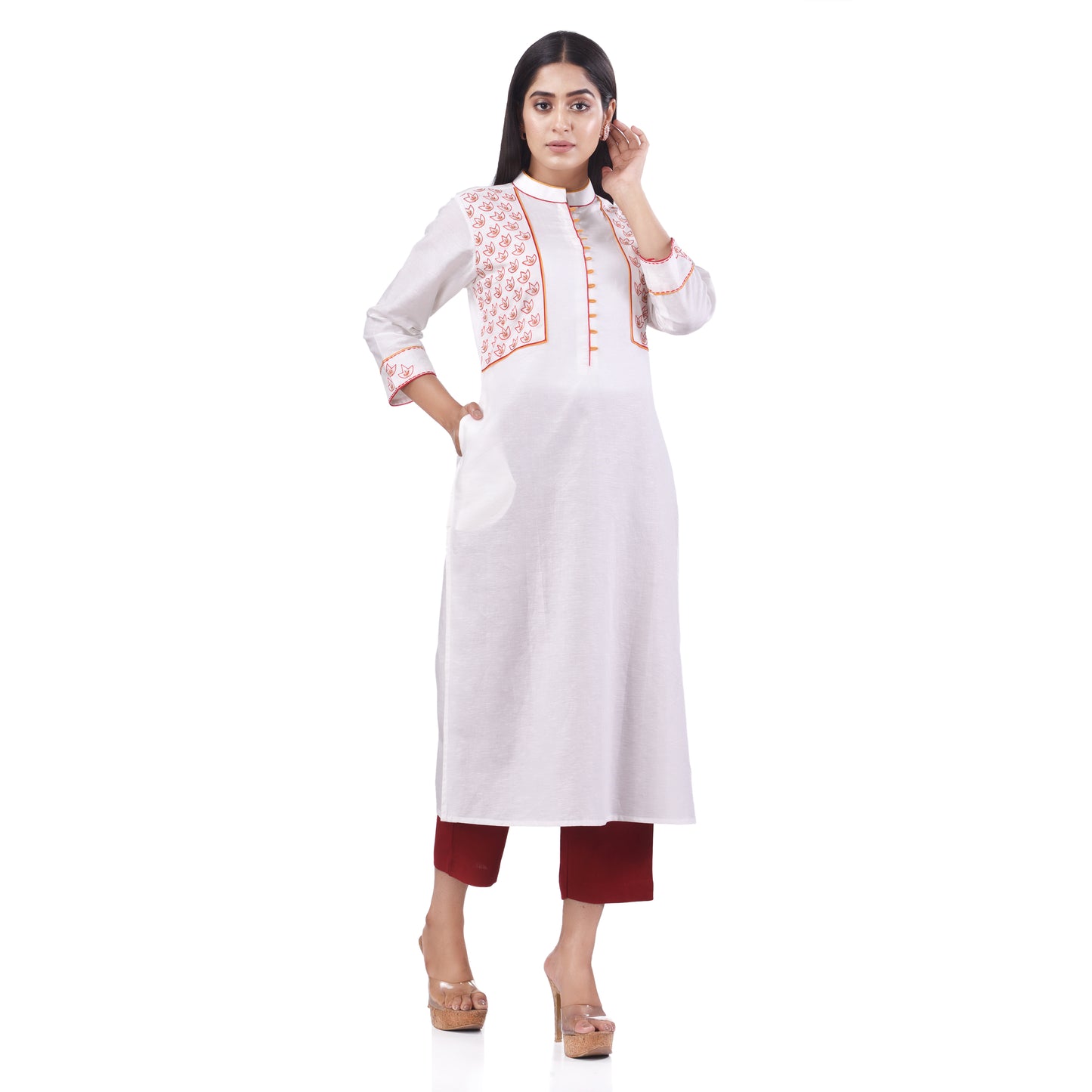 Nakshi White Cotton Linen Floral Embroidery Women's Straight Kurti
