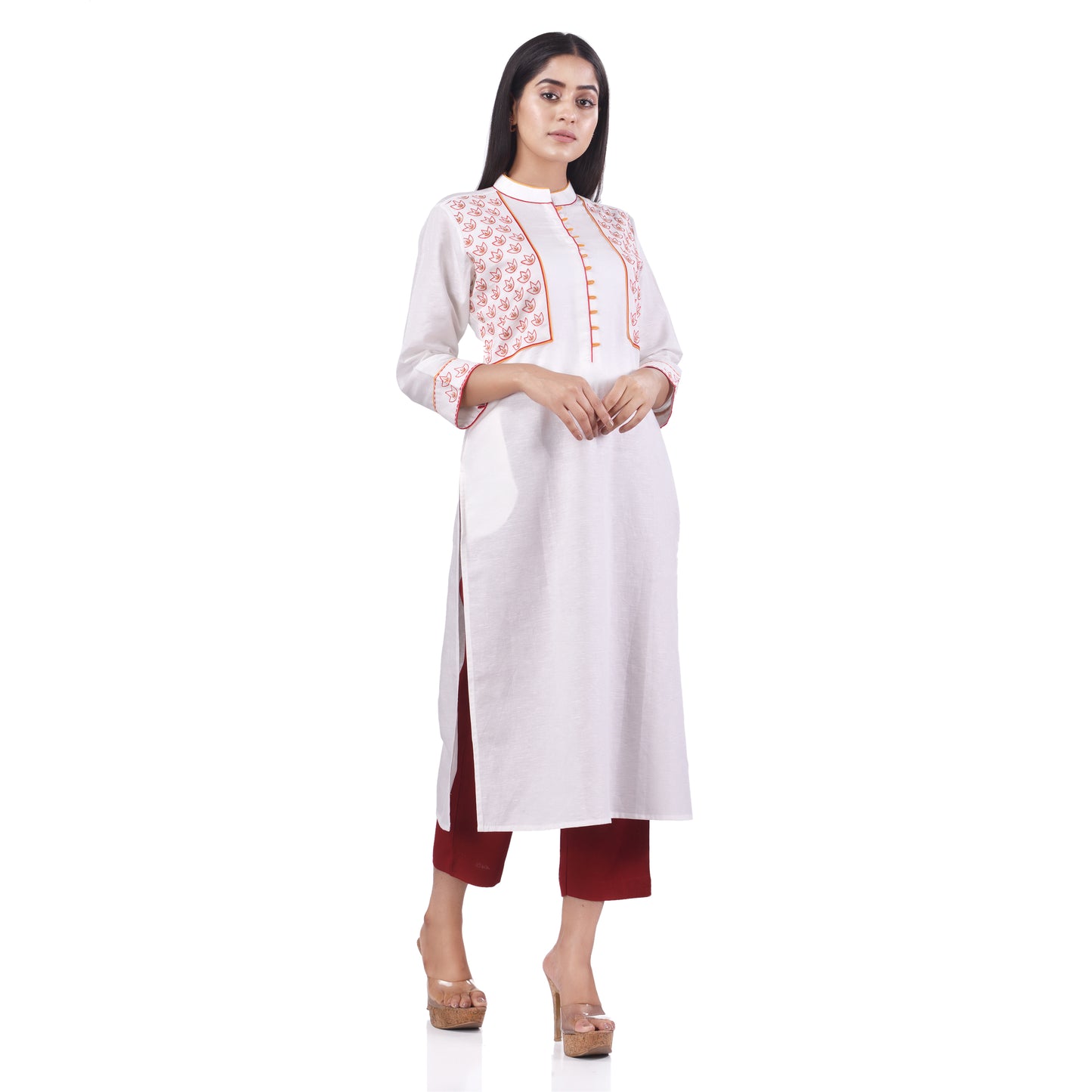 Nakshi White Cotton Linen Floral Embroidery Women's Straight Kurti