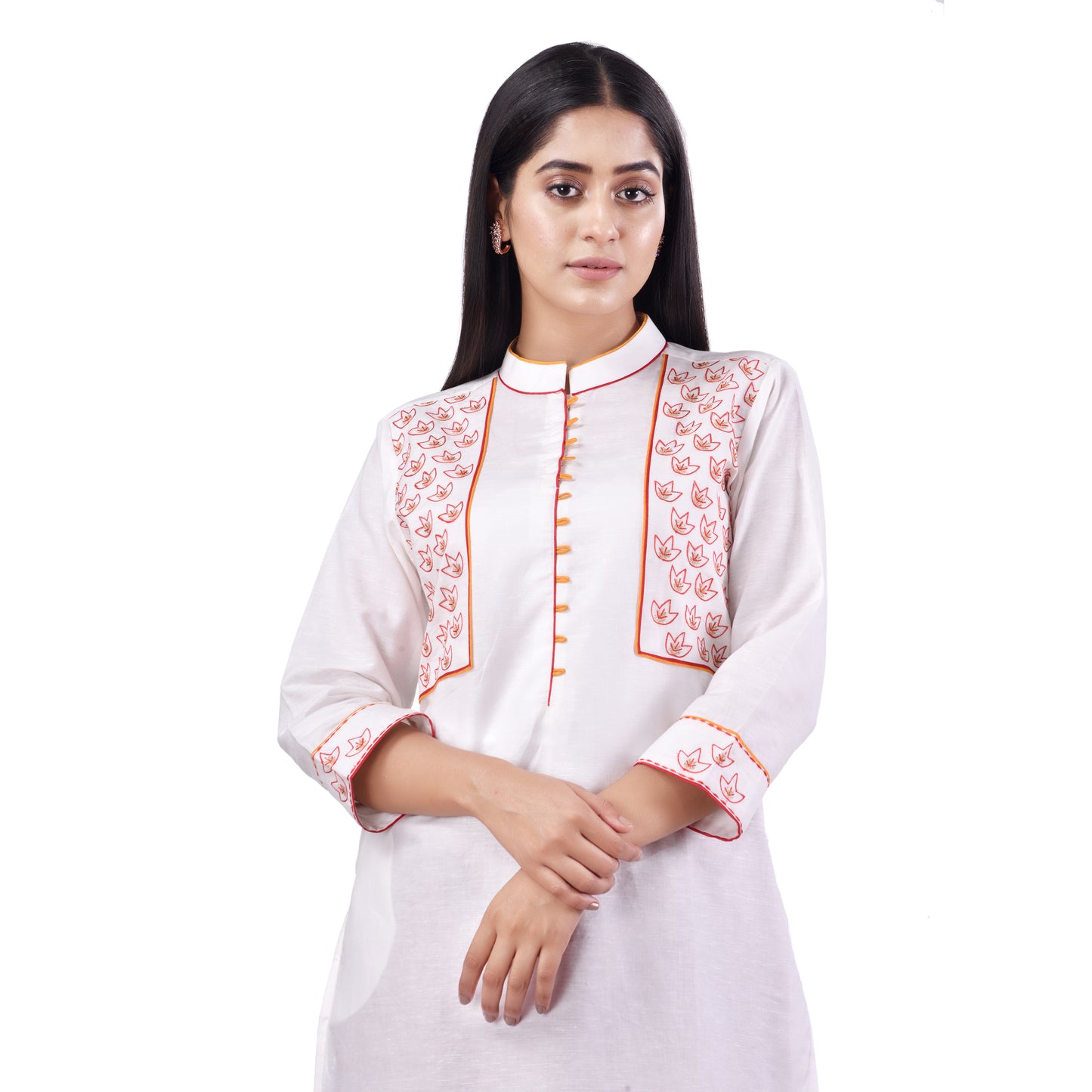 Nakshi White Cotton Linen Floral Embroidery Women's Straight Kurti