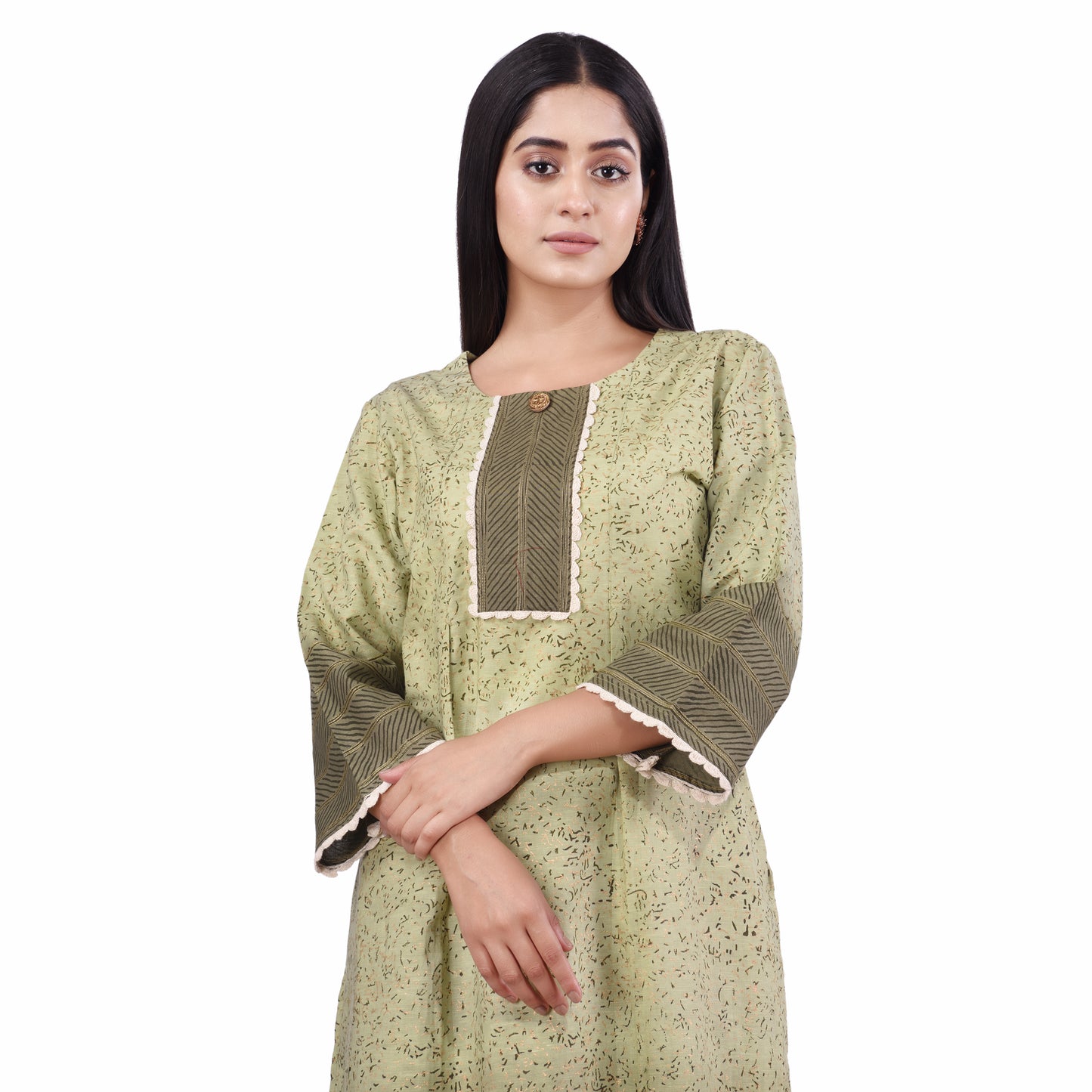 Nakshi Pista Green Ombre Cotton Linen Hand Block Print Women's Kurti set