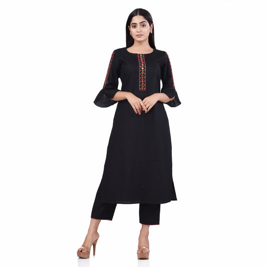 Nakshi Black Cotton Linen Mirror Work Women's Kurti Sets