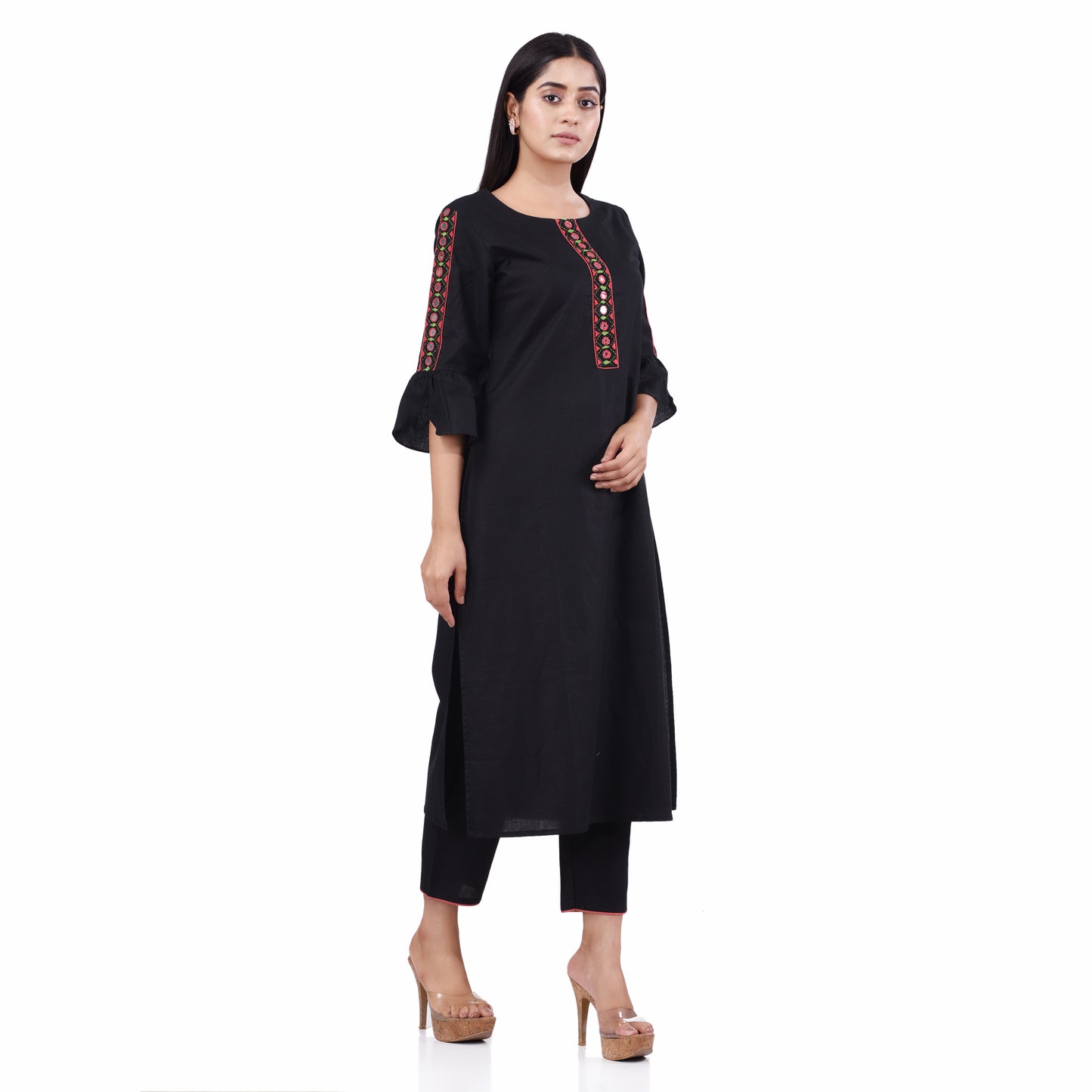 Nakshi Black Cotton Linen Mirror Work Women's Kurti Sets