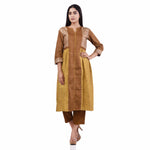 Load image into Gallery viewer, Lime Yellow and Rust Tussar Viscose Hand Block Print Side Pleated Women&#39;s Kurti Sets
