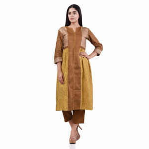 Lime Yellow and Rust Tussar Viscose Hand Block Print Side Pleated Women's Kurti Sets