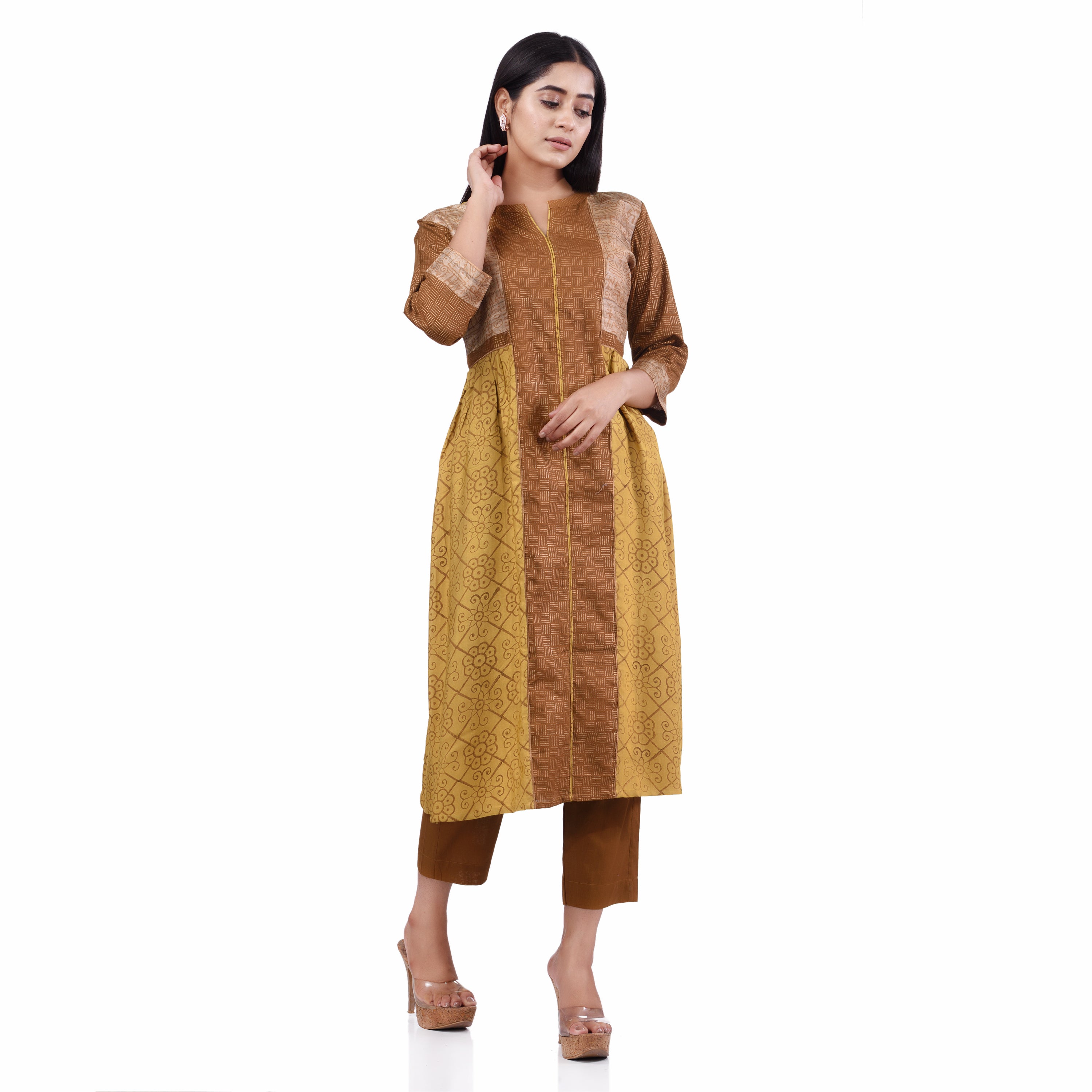 Lime Yellow and Rust Tussar Viscose Hand Block Print Side Pleated Women's Kurti Sets