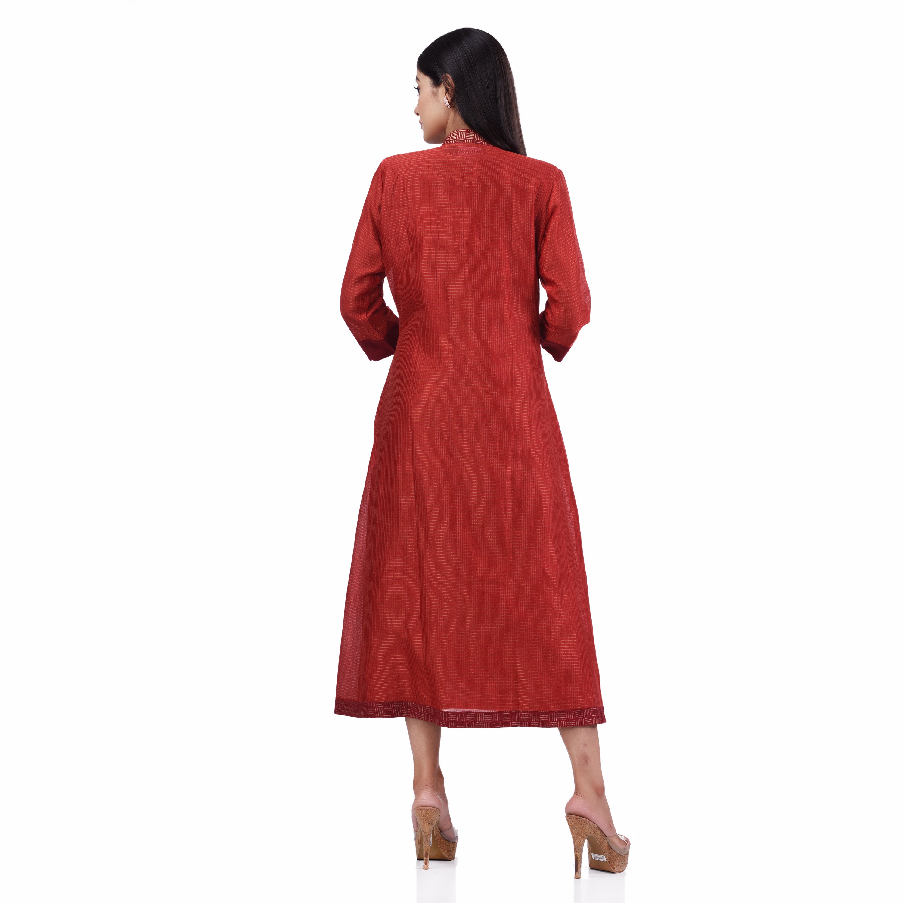 Red Cotton Linen and Zari chanderi Hand Block Print Women's Ethnic Dress/kurti