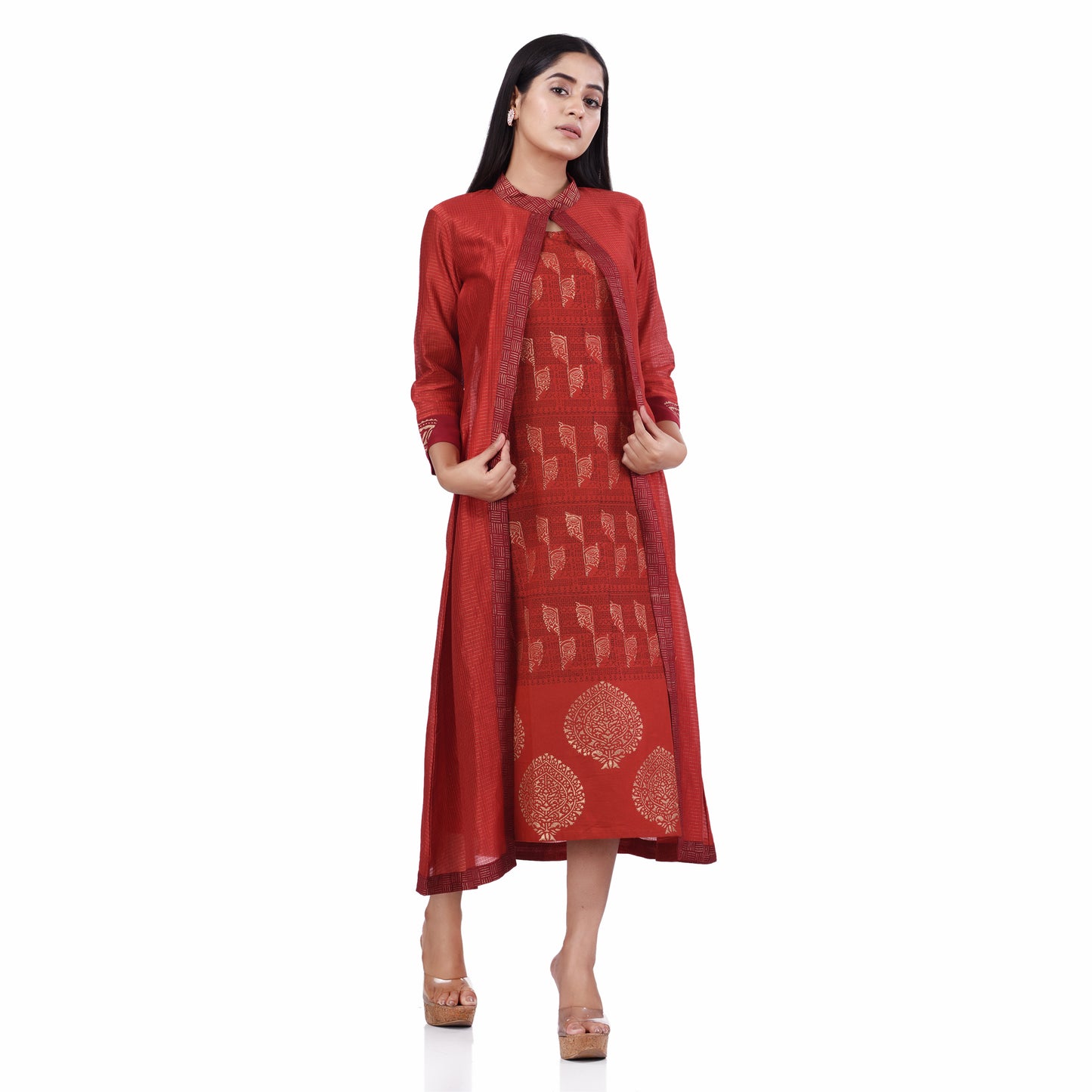 Nakshi Red Cotton Linen and Zari chanderi Hand Block Print Women's Ethnic Dress/kurti