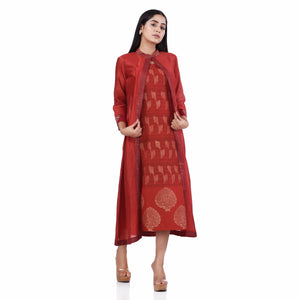 Red Cotton Linen and Zari chanderi Hand Block Print Women's Ethnic Dress/kurti