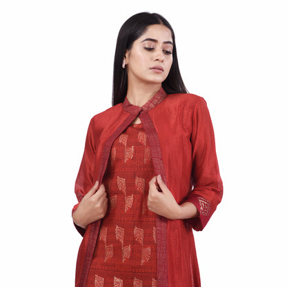Nakshi Red Cotton Linen and Zari chanderi Hand Block Print Women's Ethnic Dress/kurti
