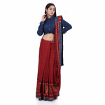 Load image into Gallery viewer, Red Striped and Blue Ajrak Zari Embroidery Hand Block Print Saree
