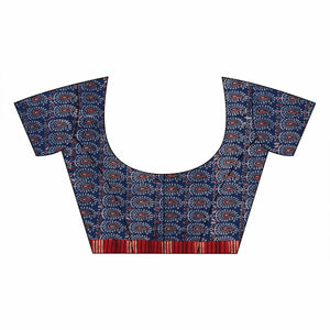 Red Striped and Blue Ajrak Zari Embroidery Hand Block Print Saree