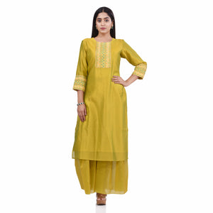 Lime Green Chanderi Silk Kantha Embroidery Women's Sharara Sets