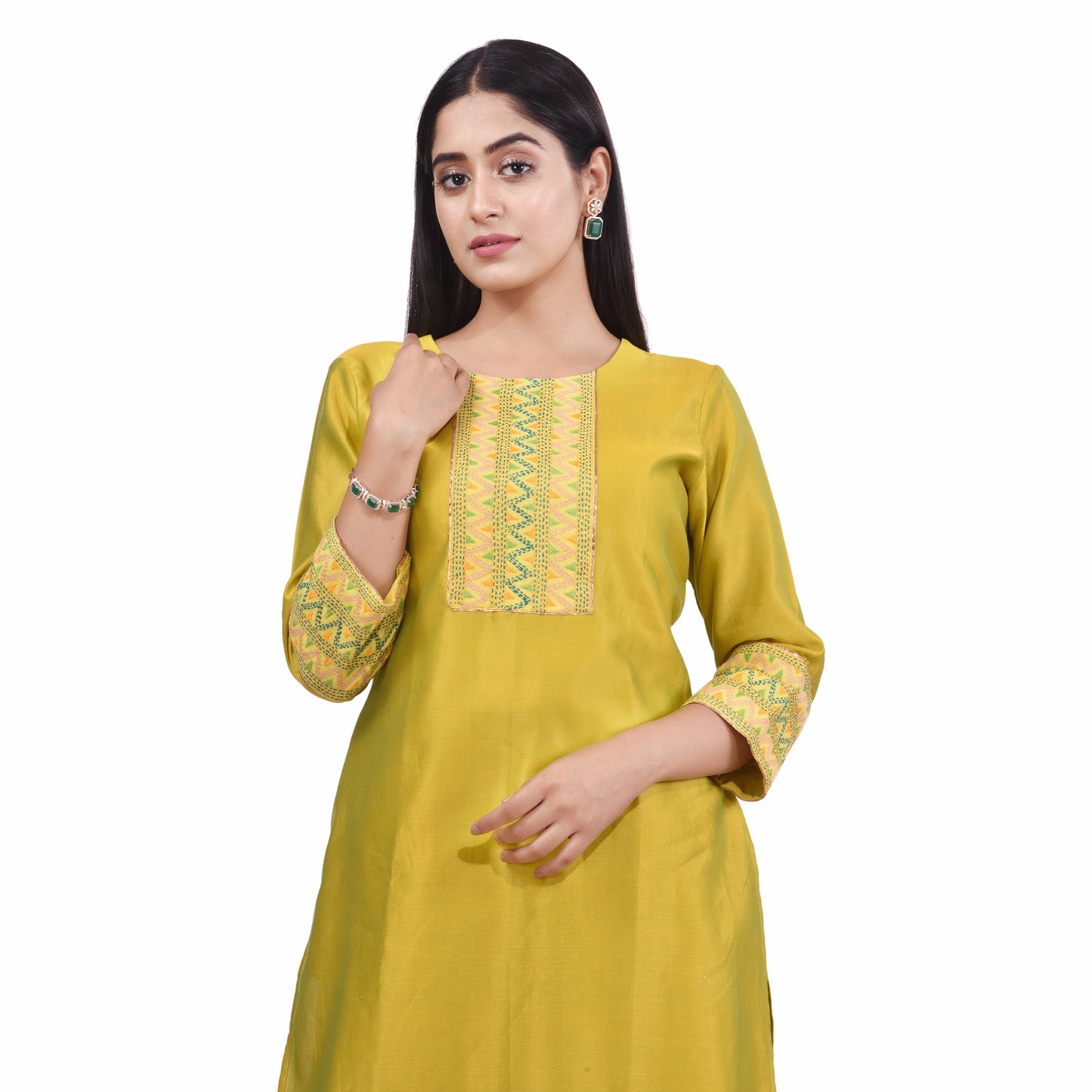 Nakshi Lime Green Chanderi Silk Kantha Embroidery Women's Sharara Sets
