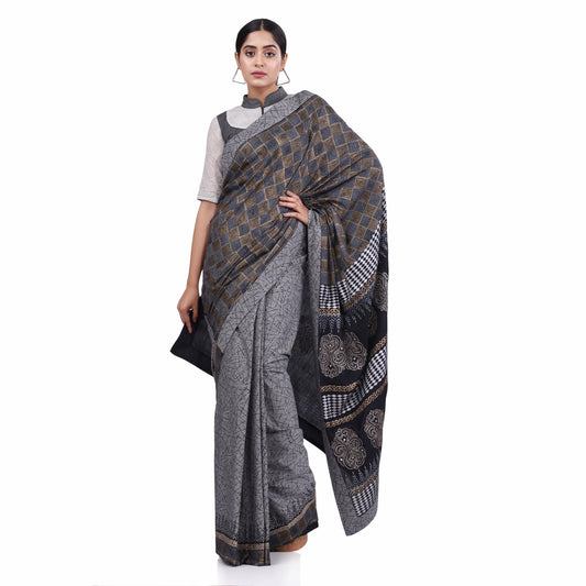 Nakshi Grey and Black Cotton Zari Embroidery Highlight Hand Block Print Saree
