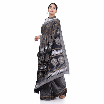 Nakshi Grey and Black Cotton Zari Embroidery Highlight Hand Block Print Saree