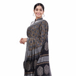 Load image into Gallery viewer, Grey and Black Cotton Zari Embroidery Highlight Hand Block Print Saree
