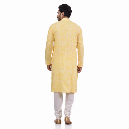 Nakshi Yellow Cotton Linen Handblock Print Men's Long Kurta