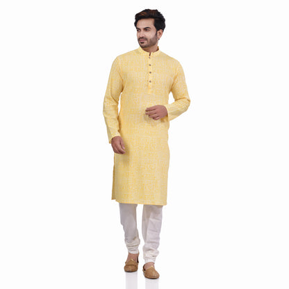 Nakshi Yellow Cotton Linen Handblock Print Men's Long Kurta
