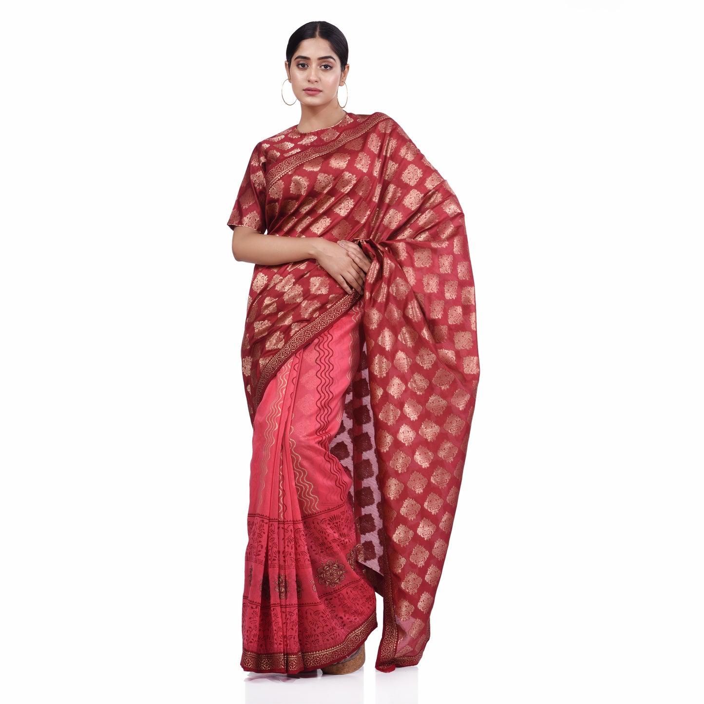 Nakshi Pink and Maroon Brocade Chanderi Silk Embroidery Highlight Hand Block Print Saree