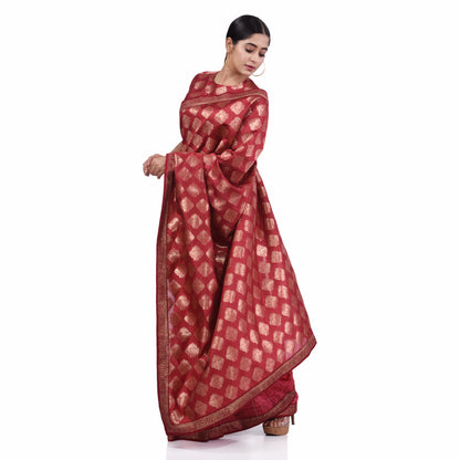 Nakshi Pink and Maroon Brocade Chanderi Silk Embroidery Highlight Hand Block Print Saree