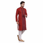 Load image into Gallery viewer, Red &amp; Maroon Cotton Linen Gold Zari embroidery Hand Block Print Men&#39;s Long Kurta
