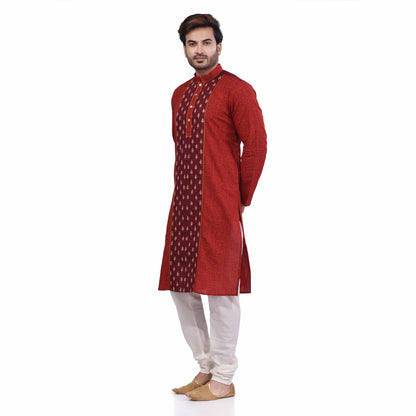 Nakshi Red & Maroon Cotton Linen Gold Zari embroidery Hand Block Print Men's Long Kurta
