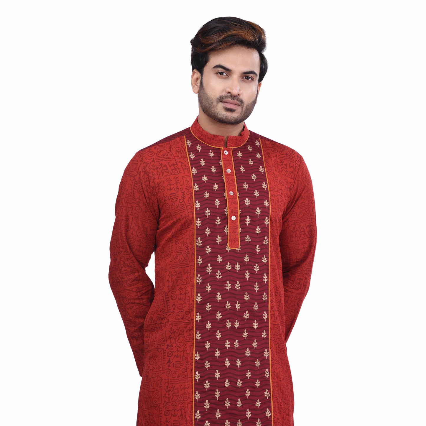 Nakshi Red & Maroon Cotton Linen Gold Zari embroidery Hand Block Print Men's Long Kurta