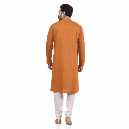 Nakshi Musturd Yellow Cotton Linen and  Tussar Side Button Hand Block Print Men's Long Kurta