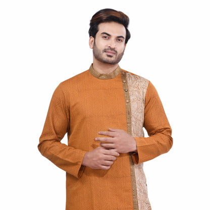 Nakshi Musturd Yellow Cotton Linen and  Tussar Side Button Hand Block Print Men's Long Kurta